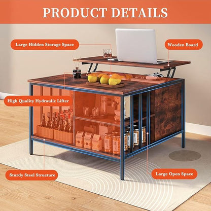 Coffee Table with Storage, Lift Top Coffee Table with Display Shelf and Hidden - Image 4