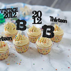 Gyufise 24Pcs 13th Birthday Cupcake Toppers Glitter Thirteen Vintage 2012 Official Teenager 13 Cupcake Picks 13 Years Birthday Cake Decorations for Happy 13th Anniversary Party Supplies Black