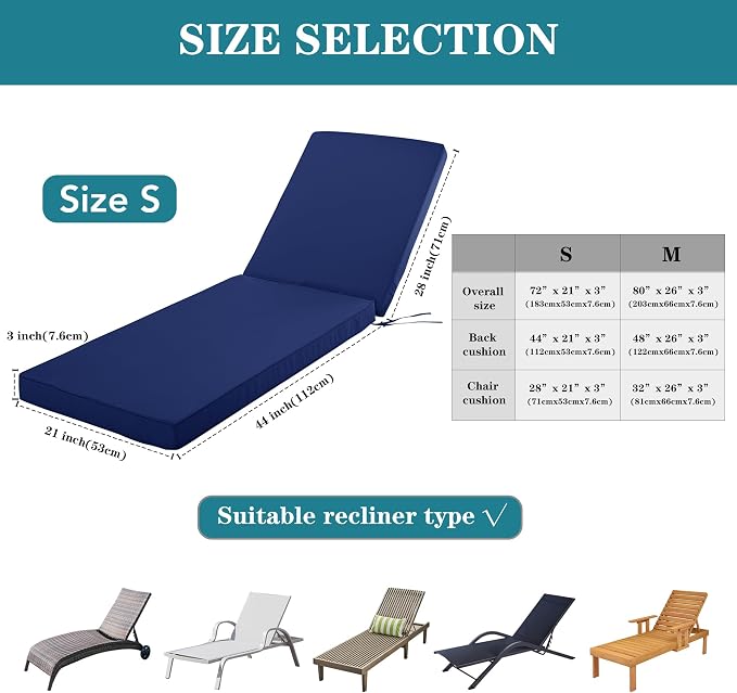 Chaise Lounge Cushion for Outdoor Furniture, Waterproof Fade and Tear Resistant - Image 6
