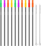 Stainless Steel Metal Straws with Silicone Tips Set of 10 Straight Reusable Drinking Straws for 20oz 30oz Tumblers (10.5'' L 0.24''Dia Staw + 2 Brushes)