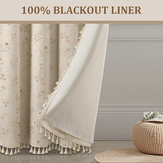 Boho Floral 100% Blackout Curtains 84 Inch 2 Panels Beige | Farmhouse Vintage - Image 6