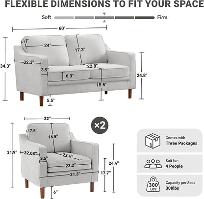 Kingfun Living Room Furniture Sets, 2 Armchair and Loveseat, Mid Century Modern - Image 2