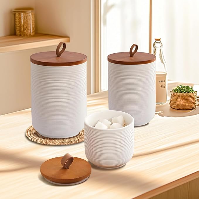 Food Storage Jar Strong Ceramic Storage Canisters with Airtight Wooden Lid,Kitchen Storage Containers for Serving Coffee Beans, Tea, Sugar, Salt, Spices (Big white)
