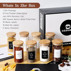 12 Pcs Glass Spice Jars With 296 Spice Labels Preprinted of White and Black Color- 10oz Thicken(2.4mm) Spice Containers With Bamboo Airtight Lids - Empty Small Herb Seasoning Jars