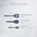 Silicone Utensils 3-Piece Set – Rubber Spatula, Slotted Turner, and Rice Paddle – Complete Heat-Resistant Set for Non-Stick Cookware – Kitchen Tools and Accessories for Cooking & Baking – Blue