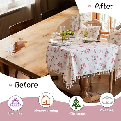 VClife White and Pink Print Table Cloth, Linen Texture Tablecloth - Image 4