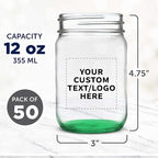 DISCOUNT PROMOS Custom Decorating Mason Jars 12 oz. Set of 50, Personalized Bulk Pack - Glass Jars for Overnight Oats, Candies, Fruits, Pickles, Spices, Beverages - Green