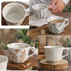 Ceramic Mug Set of 1 With Gold Spoon, 11oz - Vintage Coffee Mug, Pottery Cups for Milk, Latte, Cappuccino, Tea - Porcelain Dishwasher, Microwave Safe Stoneware 1 PCS Brown Leaf Cup