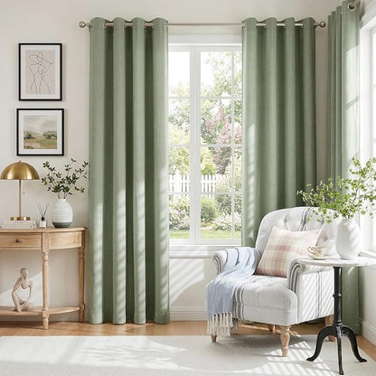 100% Blackout Linen Textured Curtains 90 Inch Long, Sage Green | 100% Blackout - Image 2