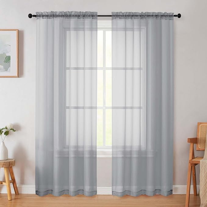 Light Grey Sheer Curtain for Bedroom Living Room 72 Inches Long 2 Panels Set by WelvetBLK