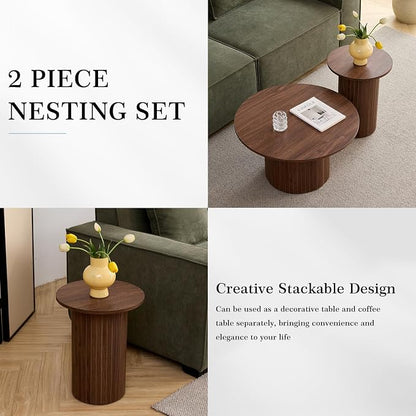 Round Nesting Coffee Table Set of 2 Mid Century Modern Wood Round Coffee Tables - Image 2