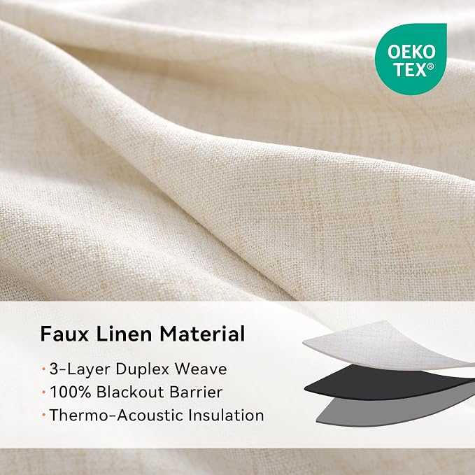 100% Blackout Linen Textured Curtains 72 Inch Long, Butter Cream | 100% - Image 4