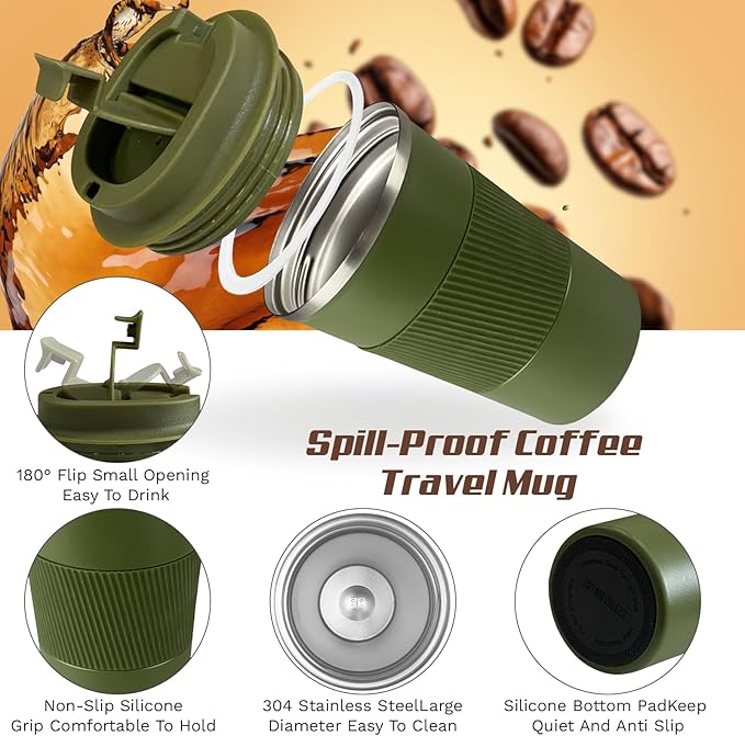 Vacuum-Insulated Stainless Steel Travel Coffee Mug, Leak-Proof Reusable Coffee Cup with Lid - Keep Hot & Cold Drinks for Hours, Durable Thermos Tumbler for Men & Women (3rd-Green, 12OZ)