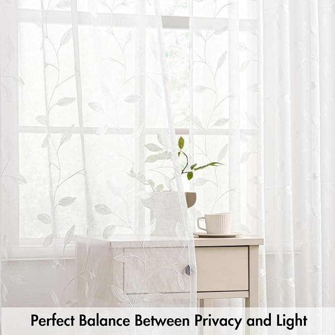 MIULEE White Sheer Curtains 2 Panels Embroidered Leaf Patterned, W52 x L54 | - Image 5