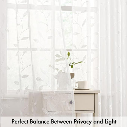 MIULEE White Sheer Curtains 2 Panels Embroidered Leaf Patterned, W52 x L96 | - Image 5