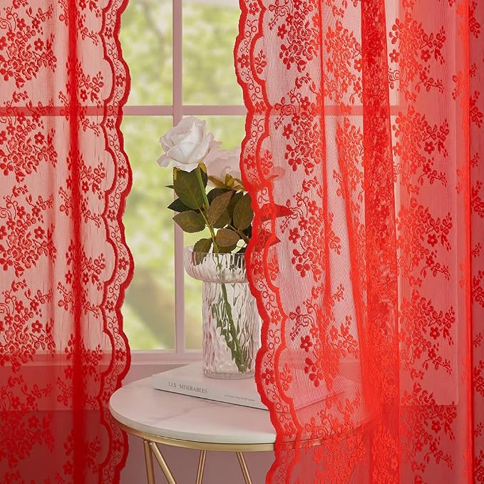 YJ YANJUN Vintage Lace Curtains 45 Inch Length Victorian Floral Pattern Red by YJYANJUN