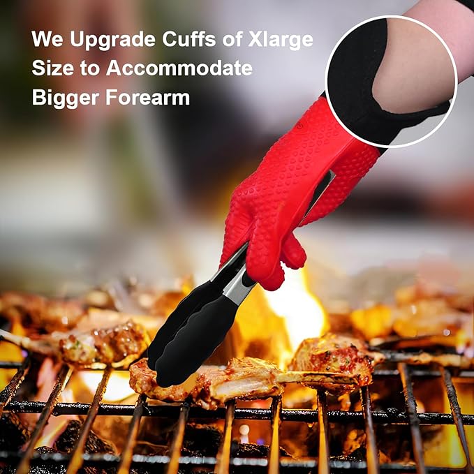 GEEKHOM BBQ Gloves Heat Resistant Oven Mitts - Silicone Grilling Gloves with 14" Long Arm Protection - Waterproof Pot Holder Non-Slip for Men & Women, Kitchen Cooking, Baking, Camping, Red