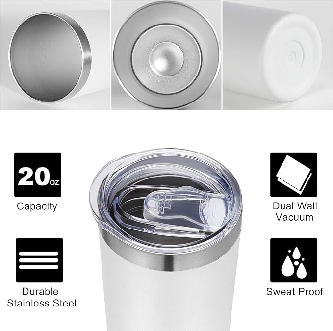 VEGOND Stainless Steel Tumblers Bulk 12 Pack, 20 oz Vacuum Insulated Skinny Tumblers with Lids and Straws, Double Wall Coffee Mug, Travel Water Cup, White