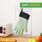 GEEKHOM BBQ Gloves Heat Resistant Oven Mitts - Silicone Grilling Gloves with 13.7" Arm Protection - Waterproof Pot Holder Non-Slip for Men & Women, Kitchen Outdoor Cooking, Baking, Camping, Mint Green