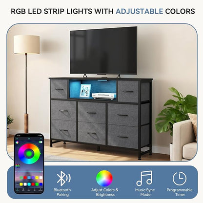 DUMOS TV Stand Dresser with 8 Fabric Drawers and Open Shelves, LED - Image 4