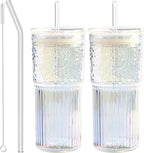 Glass Cups with Lids and Straws, 20 OZ Multi Iced Coffee Glasses Tumblers for Ice Water, Juice, Tea, Milk, Smoothie and Cold or Hot Drinks, Set of 2