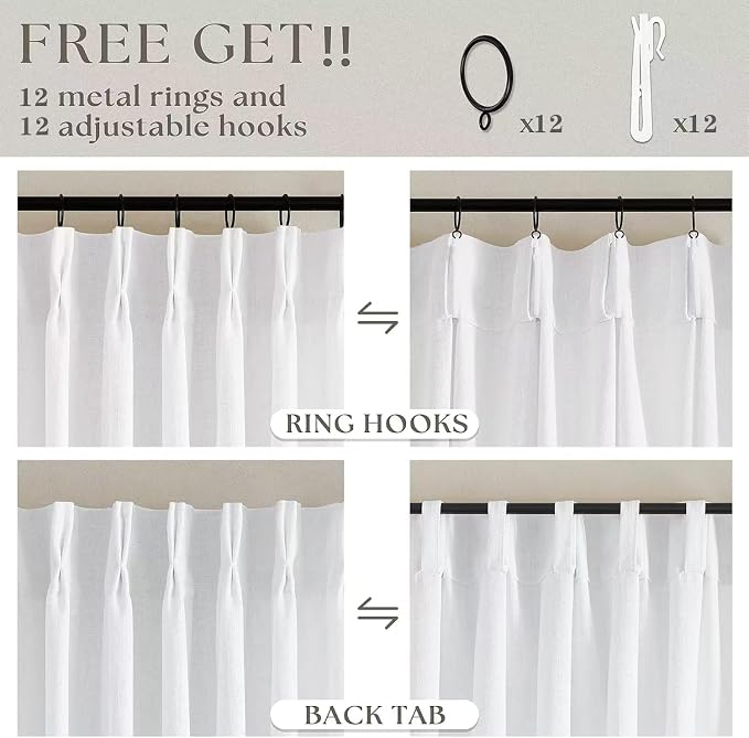 Snow White Pinch Pleated Linen 108 Inch Curtains 60 Inch Width | Linen Blend - Image 4