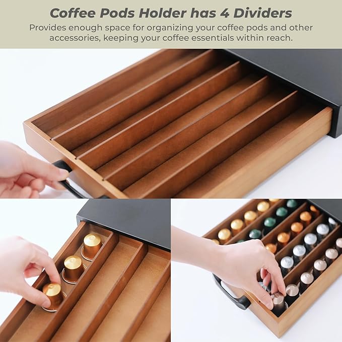 Coffee Pod Holder Compatible with Nespresso OriginalLine Capsules – 50-Pod Acacia Wood Drawer Organizer with Anti-Slip Base – Space-Saving Coffee Capsule Storage for Espresso Stations & Countertops