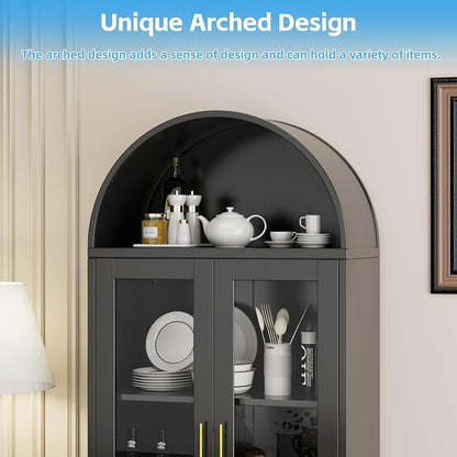 Arched Cabinet with Glass Doors, Modern Kitchen Pantry Cabinet with 2 - Image 4