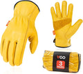 Vgo 3-Pairs Unlined Cow Grain Leather Work and Driver Gloves with Cow Split Leather Palm Patch (Size XL, Gold,CA9590)