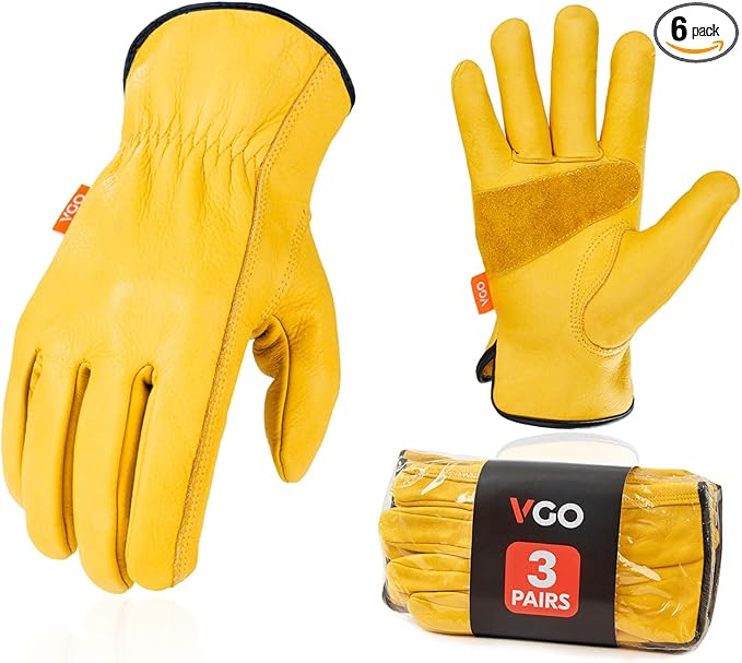 Vgo 3-Pairs Unlined Cow Grain Leather Work and Driver Gloves with Cow Split Leather Palm Patch (Size XXL, Gold,CA9590)