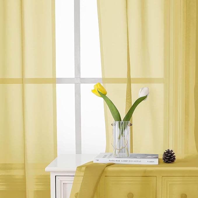Yellow Sheer Curtains 54 Inch Length 2 Panels, Light Filtering Voile Curtain - Image 4