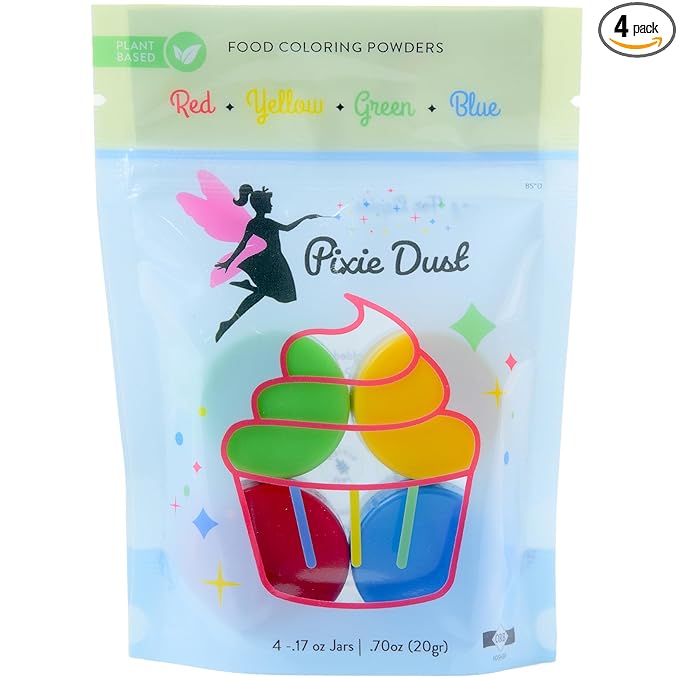 All-Natural Food Coloring Powder set. Colors: Red, Yellow, Blue, Green. Dye-Free/Plant-Based/Non-Carmine/Non annatto/FLAVORLESS by PIXIE DUST (Medium .17 oz Each Color .68 oz/20 gr Total)