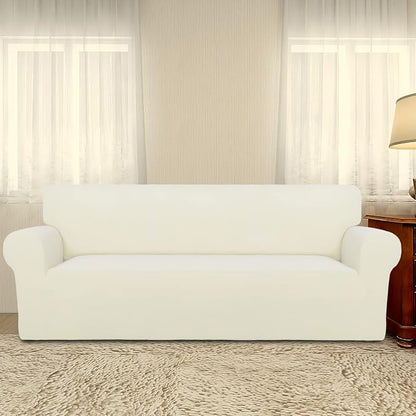 PureFit Stretch Oversized Couch Covers Fleece Sofa Slipcovers Ivory | 1-Piece - Image 2