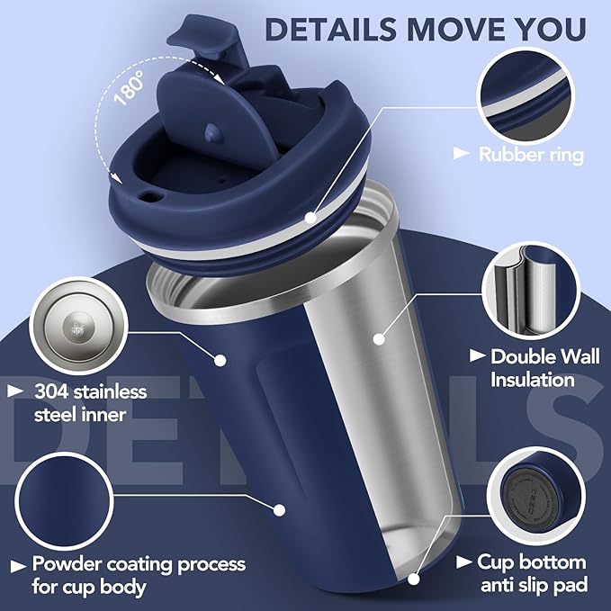 Volhoply 12 oz Double Wall Insulated Vacuum Travel Coffee Mug with Flip Lid Bulk 4 Pack,Reusable Stainless Steel Leak Proof Coffee Cups,Portable Cafe Thermal Tumbler for Hot & Cold Drinks(Navy,4 Set)