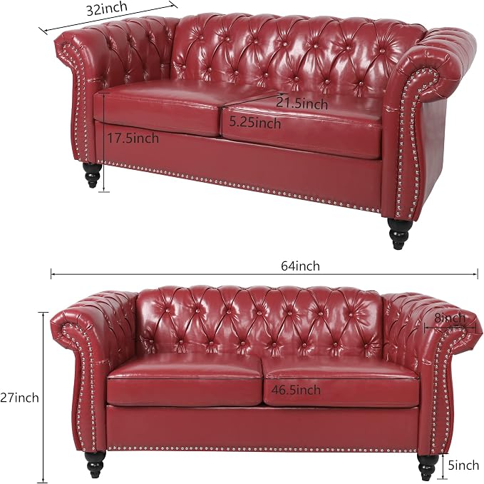ORRD 3 Pieces Living Room Set, Chesterfield Sofa Faux Leather Loveseat Couch - Image 6