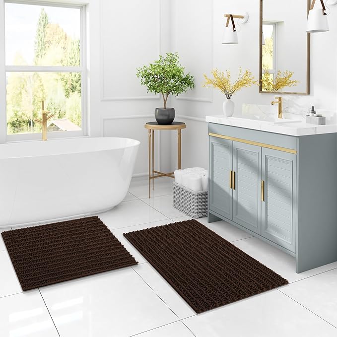 Arotive Luxury Chenille Bathroom Rug Mat, Extra Soft Thick Absorbent Shaggy Bath Rugs, Non-Slip Machine Wash Dry, Plush Bath Mats for Bathroom, Shower and Tub, 47x32, Brown