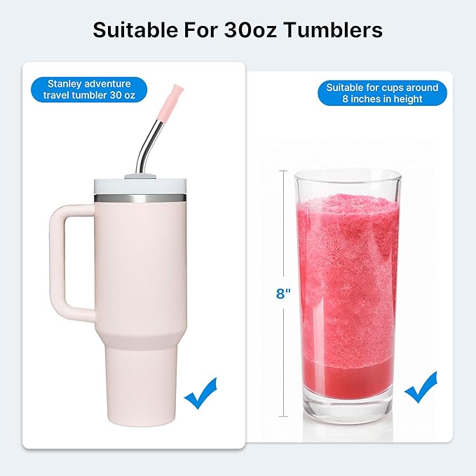 Repeatable Metal Straw with Silicone Tips for 30 oz Stanley Tumbler, 2 Pcs 30 oz Stainless Steel Straws Replacement for Stanley Tumbler, 1 Straw Brush, BPA Free（Light Pink）