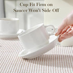 MALACASA 8 OZ Porcelain Espresso Cups with Saucers and Metal Stand Set of 4, Stackable Cappuccino Cups, White Expresso Shots Cup Set for Coffee Drinks, Latte, Tea