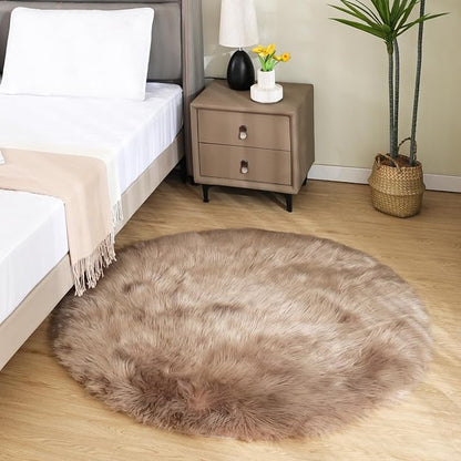 Latepis Circle Rugs for Bedroom 3ft Brown Beige Round Shag Faux Fur Rug by Latepis