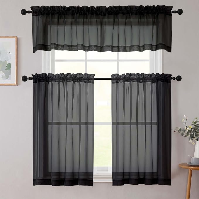 Black Kitchen Curtains 30 Inch Length Tier 2 PCS, Solid Soft Airy Half Curtains - Image 8