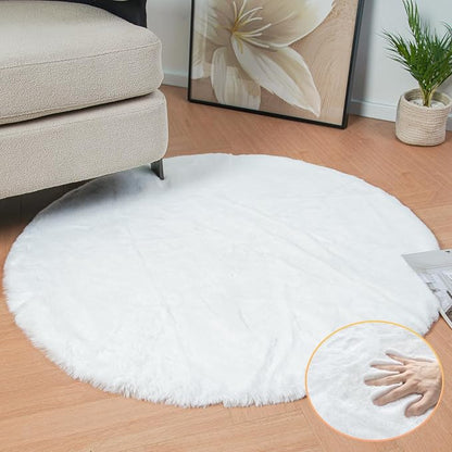 ORINOVA White Faux Fur Round Rug 4ft Fluffy Rabbit Fur Rug Machine Washable by ORINOVA