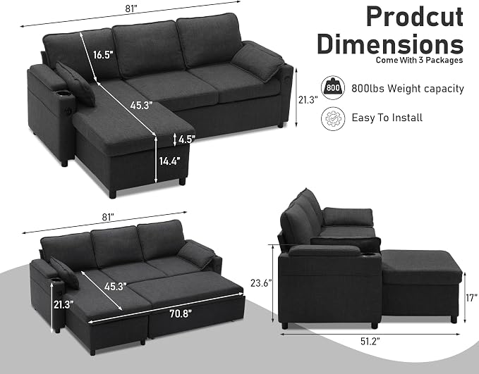 DURASPACE Sofa Bed Sleeper Pull Out 2 in 1 Sectional Sleeper Sofa Couches - Image 2