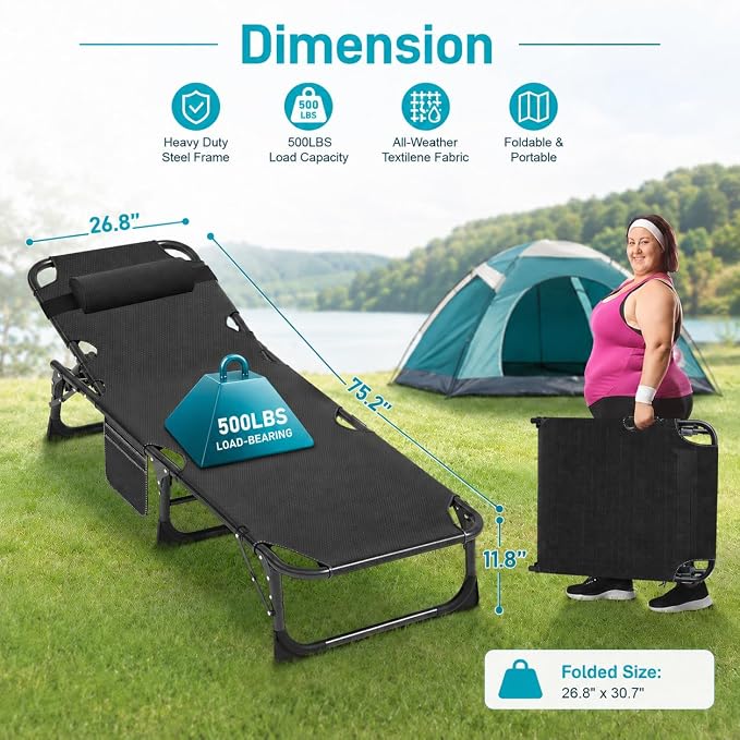 ABORON Heavy Duty Tanning Chair, 5-Gear Outdoor Folding Chaise Lounge Chair - Image 6