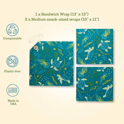 Bee's Wrap Beeswax Wraps for Food - Ocean 3 Pack (2M 1 Sandwich) Made in USA Reusable & Organic Food Wraps, Sandwich Wrap - Eco-Friendly Alternative to Aluminum Foil & Plastic Wrap