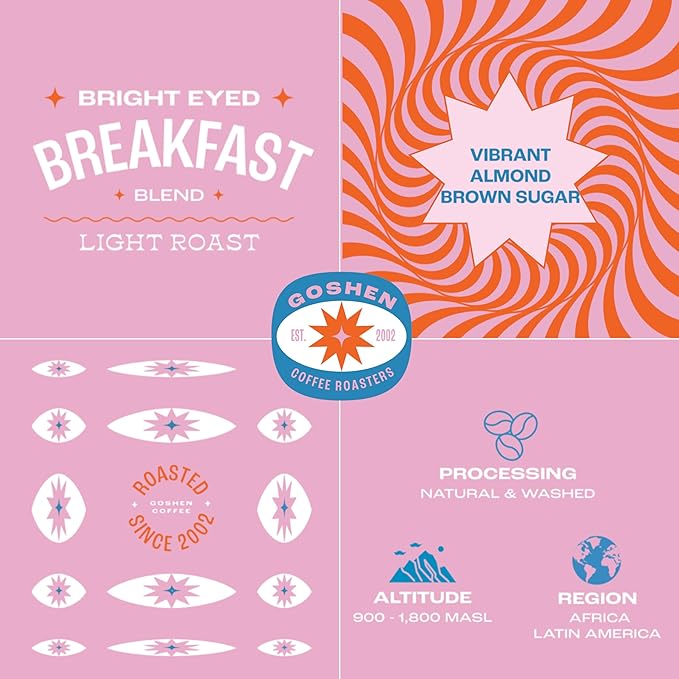 Goshen Coffee Roasters Whole Bean Bright Eyed Breakfast Blend | Light Roast, Brewed or Espresso | Award-Winning - Natural and Washed | Vibrant, Almond, Brown Sugar Flavors | 12 Oz Bag