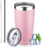 20 oz Tumbler with Lids and Straws, Stainless Steel Insulated Coffee Tumbler, Double Wall Vacuum Insulated Travel Mug Cup, Leakproof Thermal Coffee Cup for Hot and Cold Drinks (light pink)
