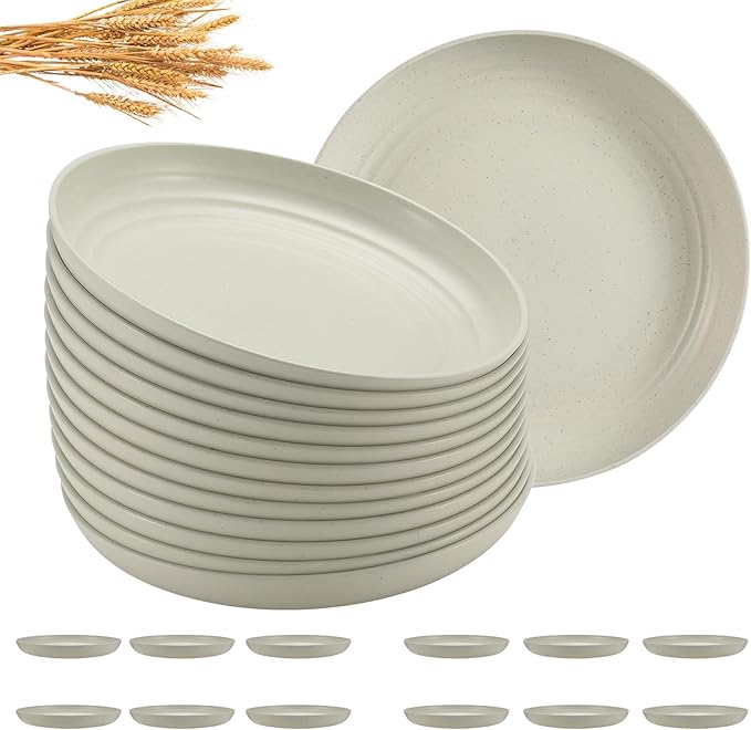 12 Pcs Unbreakable Deep Dessert Plates Set, 8 inch Reusable Plastic Wheat Straw Plates, Microwave and Dishwasher Safe Plate for Kitchen, Lightweight Plate for Dessert, BPA Free, Beige