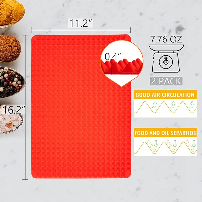 Silicone Baking Mat Red Pyramid Non Stick Bacon Microwave Tray Pastry Mats Red BBQ Grill Mat Baking Supplies oven Liners For Bottom Of Oven - 16 X 11''Silicone Mats For Kitchen Counter 2 Pack