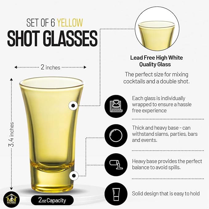 M&N HOME Yellow Shot Glass Set, 2 Oz Set of 6 Colored Shot Glasses, Whiskey Glasses, Tequila Shot Glasses, Cocktail Glasses, Shot Glasses for Vodka, Spirits & Liquors, Shot Glass Gifts (Yellow Set)