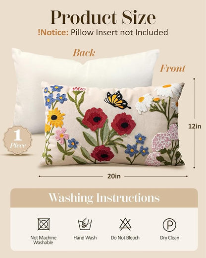 Embroidered Lumbar Pillow Cover 20x12 Inch, Retro Flower | Decorative Throw - Image 4